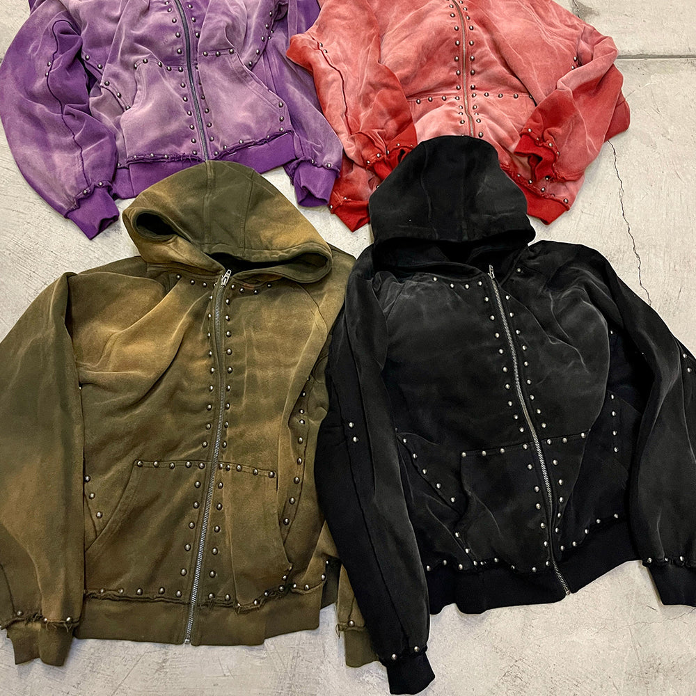 Custom Men’s 460gsm Heavyweight Vintage Sun Fade Acid Wash Hoodie Oversized Pullover Distressed Zip Metal Solid Knitted Hooded