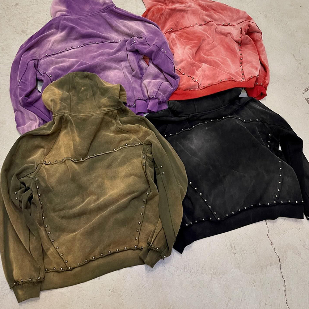 Custom Men’s 460gsm Heavyweight Vintage Sun Fade Acid Wash Hoodie Oversized Pullover Distressed Zip Metal Solid Knitted Hooded