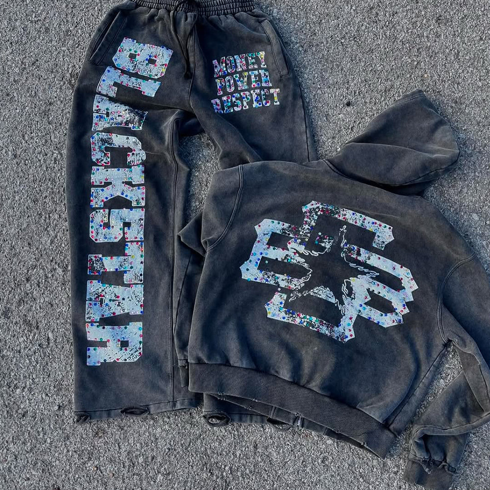 Custom Fashion Regular Fit Hoodie Tracksuits Set Jogging Suits Screen Print with Acid Wash and Rhinestone Men’s Sweatsuit