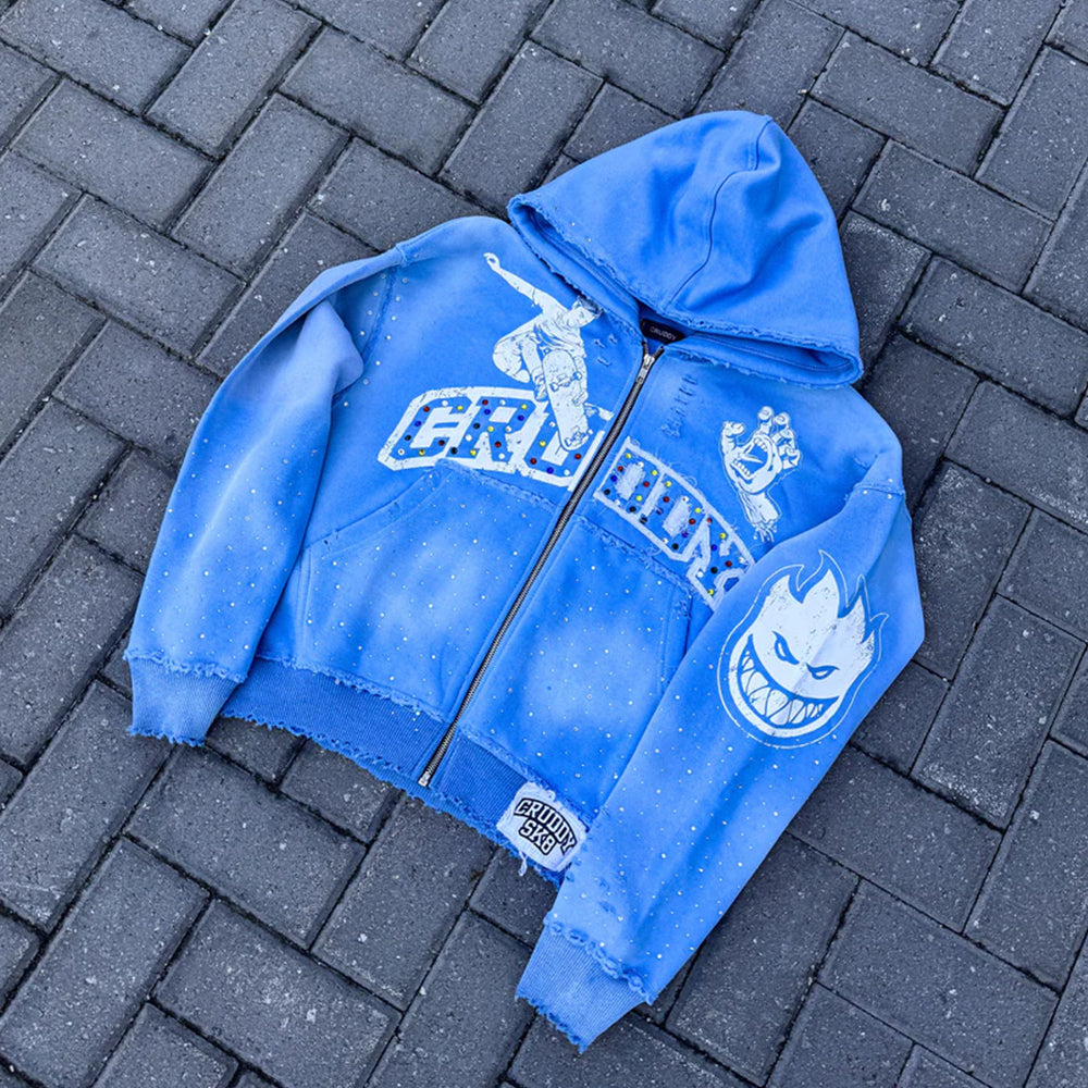 Custom Acid Wash Distressed Rhinestone Streetwear French Terry Zip up Hoodie