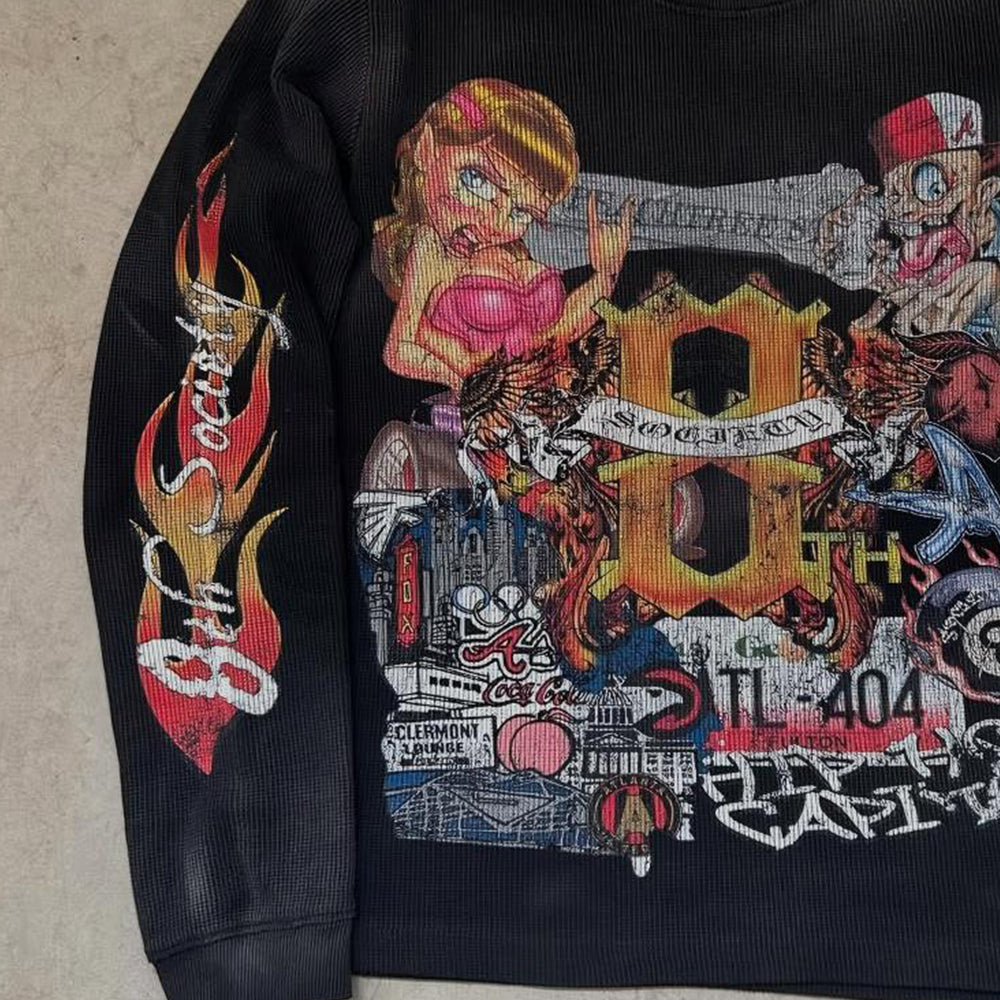 Custom High-Quality Waffle Knit Retro Style DTG Premium Digital Print Oversize Boxy Retro Pattern T-Shirt