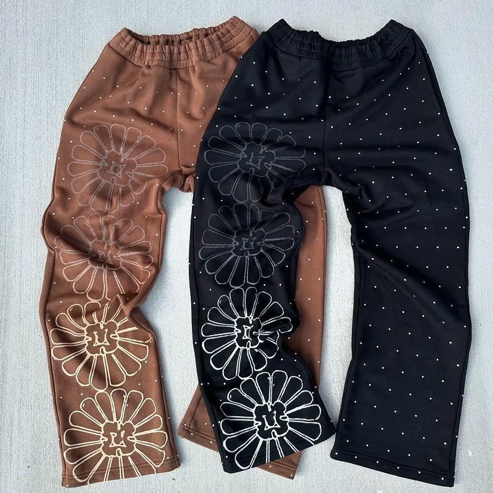 Custom Men’s Vintage Sweatpants Acid Wash Print Flare Baggy Track Screen Printing Rhinestone Detail Casual Flare Baggy Swea