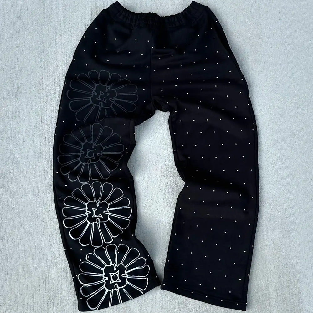 Custom Men’s Vintage Sweatpants Acid Wash Print Flare Baggy Track Screen Printing Rhinestone Detail Casual Flare Baggy Swea