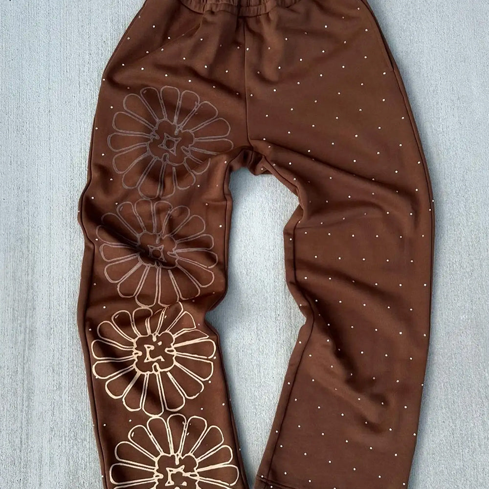 Custom Men’s Vintage Sweatpants Acid Wash Print Flare Baggy Track Screen Printing Rhinestone Detail Casual Flare Baggy Swea