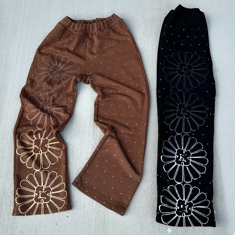 Custom Men’s Vintage Sweatpants Acid Wash Print Flare Baggy Track Screen Printing Rhinestone Detail Casual Flare Baggy Swea