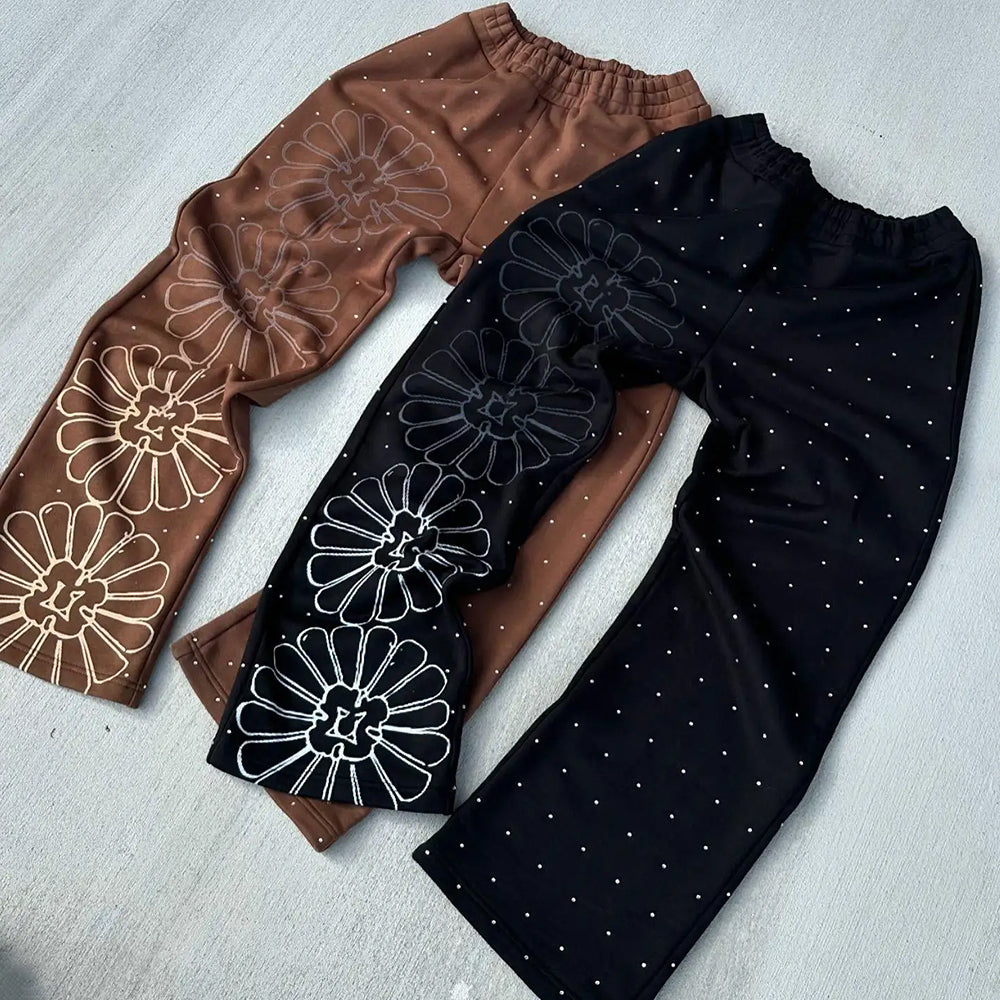 Custom Men’s Vintage Sweatpants Acid Wash Print Flare Baggy Track Screen Printing Rhinestone Detail Casual Flare Baggy Swea