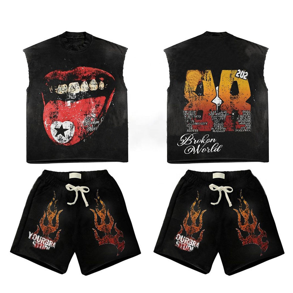 Custom Men’s Vintage Wash Graphic Pickling Can Top Undershirt Shorts Set Breathable Oversized T-Shirt and Shorts for Summer