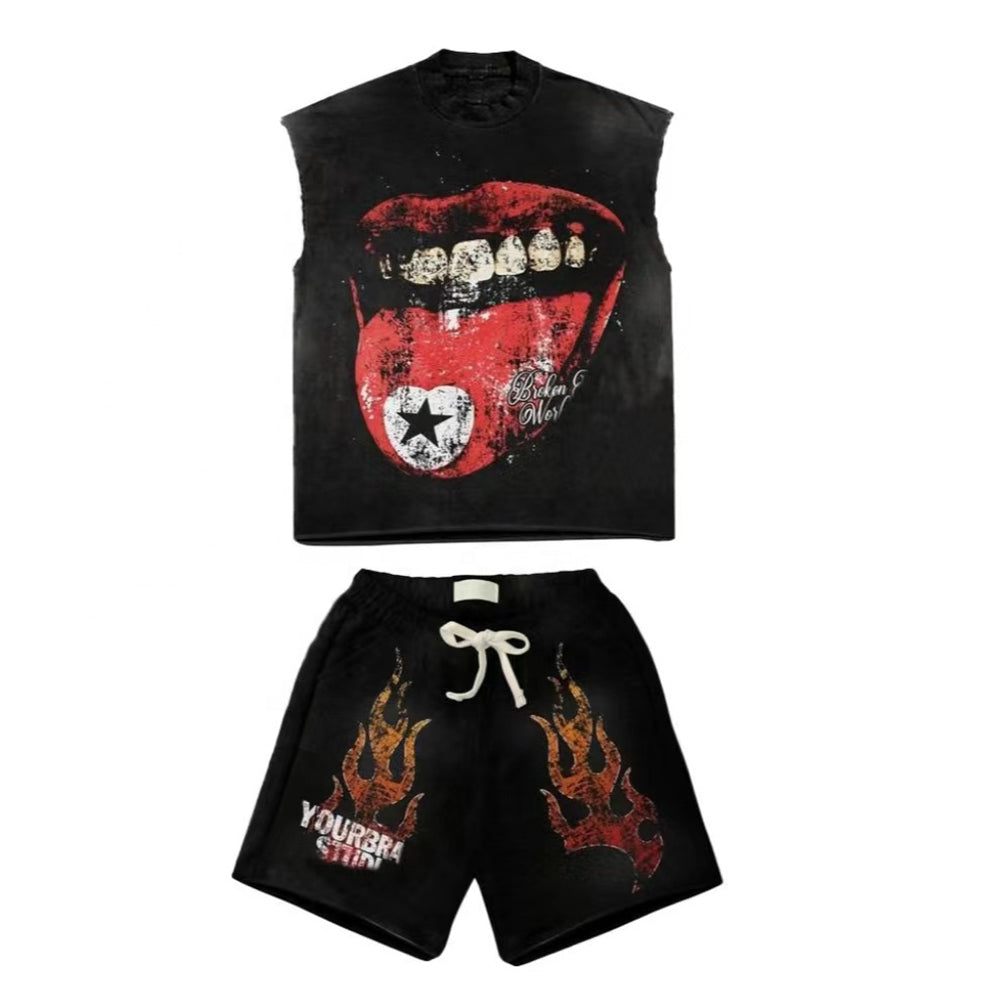 Custom Men’s Vintage Wash Graphic Pickling Can Top Undershirt Shorts Set Breathable Oversized T-Shirt and Shorts for Summer