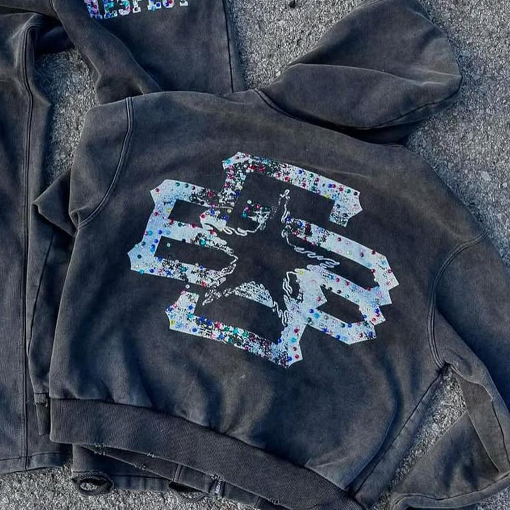 Custom Fashion Regular Fit Hoodie Tracksuits Set Jogging Suits Screen Print with Acid Wash and Rhinestone Men’s Sweatsuit