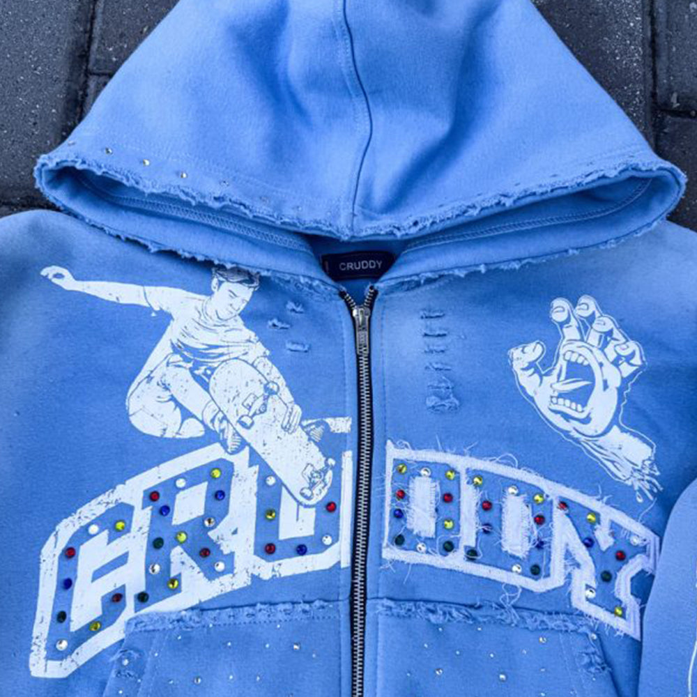 Custom Acid Wash Distressed Rhinestone Streetwear French Terry Zip up Hoodie