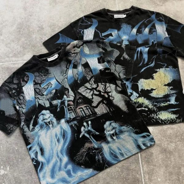 50MOQ Baggy All Over Graphic Crewneck Drop Shoulder Oversized Heavyweight Cotton Stone Washed Long Sleeve Graphic Print t Shirt