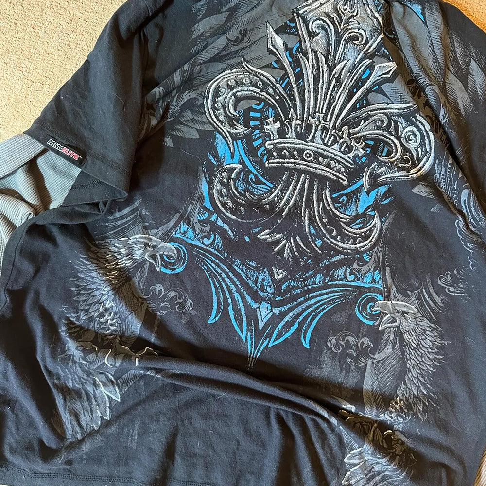 Custom Screen Print Vintage Cotton Spray Wash Mens Double Layer Digital Printed Long Sleeve Distressed Stone Acid Wash T Shirt