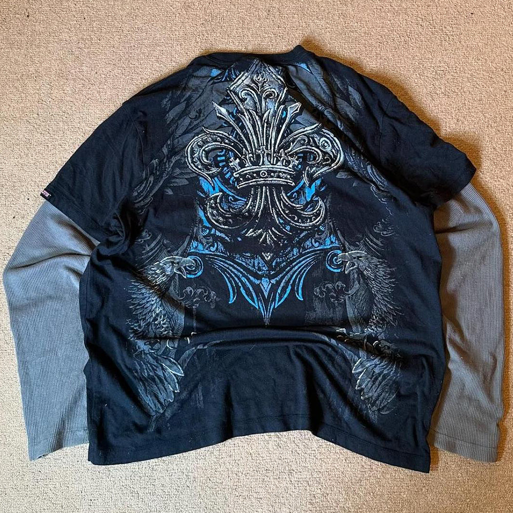 Custom Screen Print Vintage Cotton Spray Wash Mens Double Layer Digital Printed Long Sleeve Distressed Stone Acid Wash T Shirt