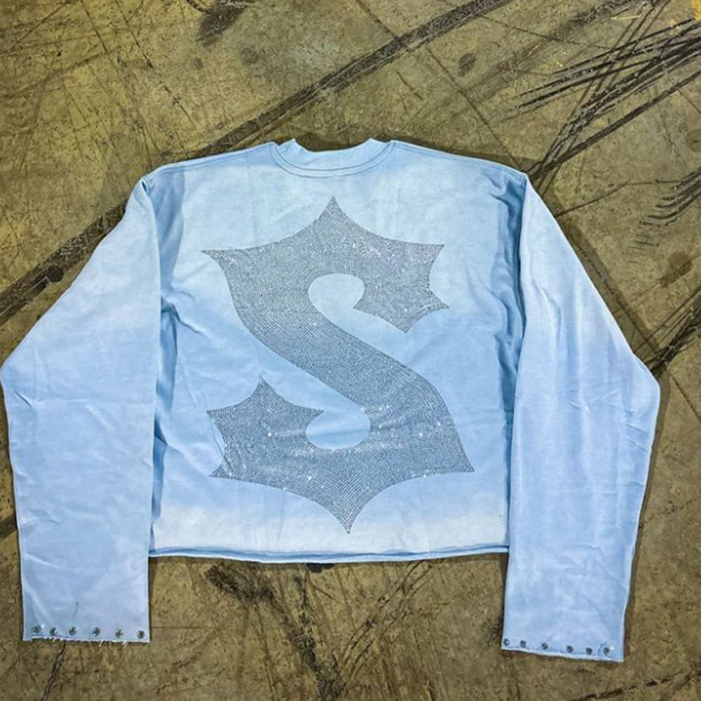 Heavyweight 100% Soft High Quality Dtg Screen Print Long Sleeve T-shirt Combed Oversized Stud Rhinestone Custom Tshirt