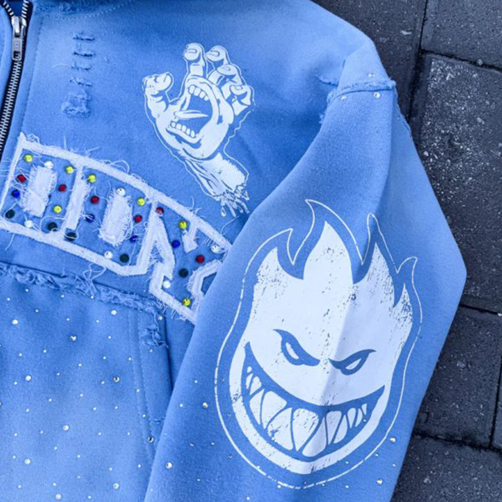 Custom Acid Wash Distressed Rhinestone Streetwear French Terry Zip up Hoodie