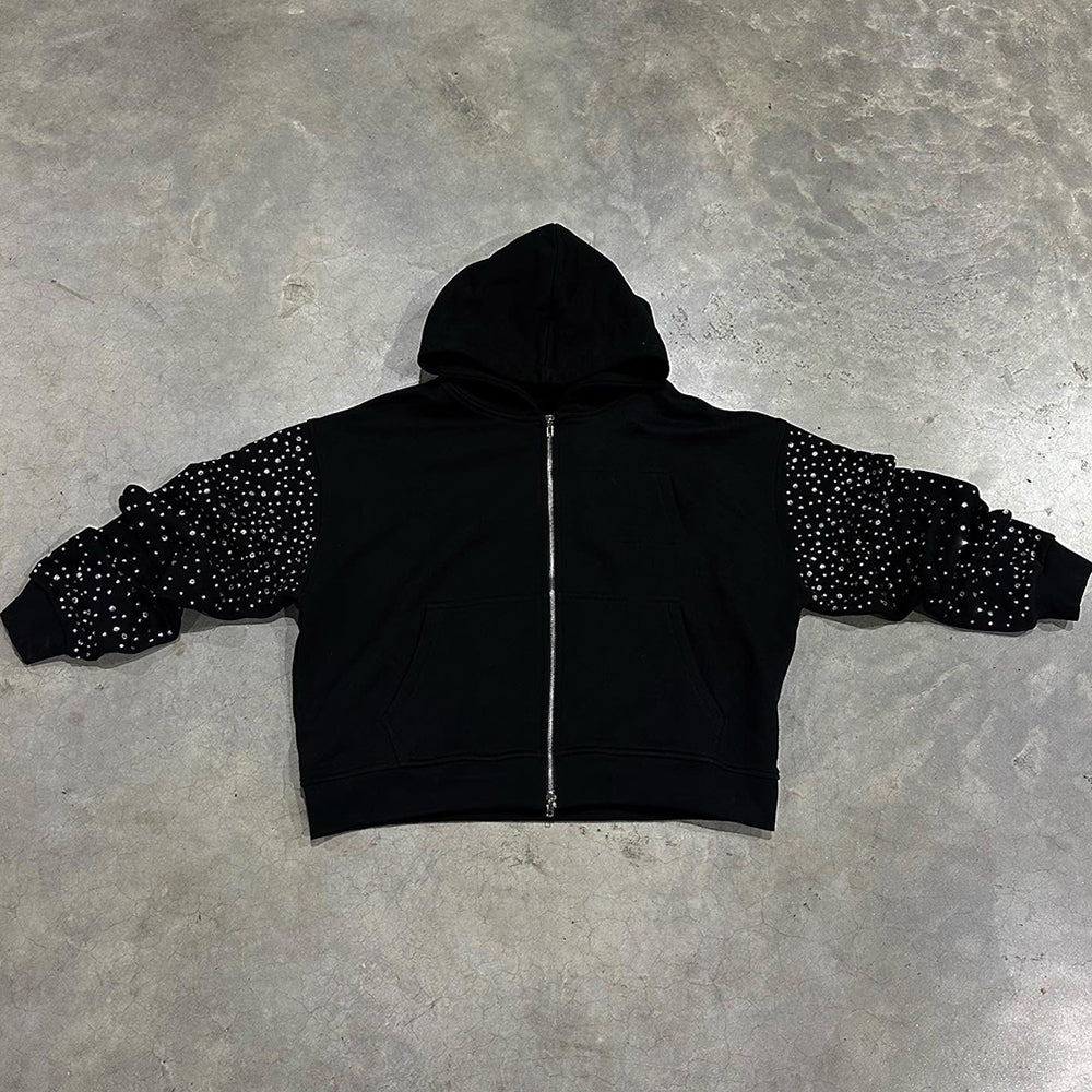 Men’s Hoodies Rhinestone Full Zip up 100% Cotton Oversize Printing Custom Hoodies Manufacturers Heavyweight Hoodie for Men