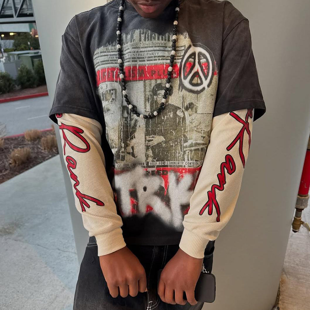 Custom Corduroy Oversized Graphic Thermal Long Sleeve T Shirts for Men Vintage Screen Print Double Layer Long Sleeve T-shirt