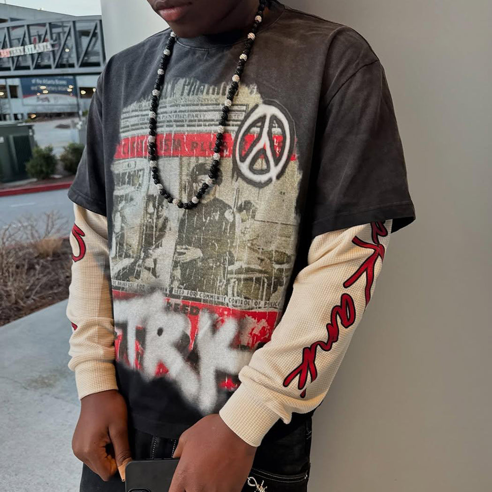 Custom Corduroy Oversized Graphic Thermal Long Sleeve T Shirts for Men Vintage Screen Print Double Layer Long Sleeve T-shirt