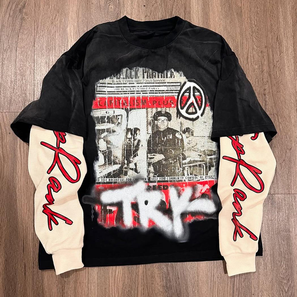 Custom Corduroy Oversized Graphic Thermal Long Sleeve T Shirts for Men Vintage Screen Print Double Layer Long Sleeve T-shirt