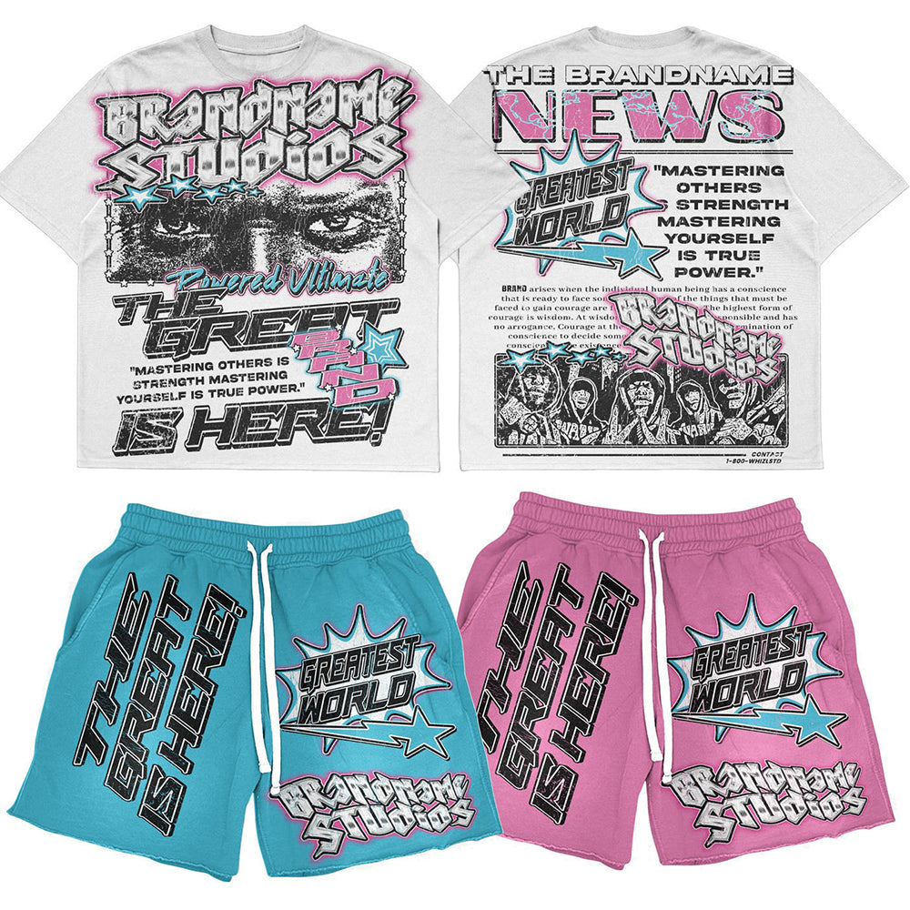 Custom Clothing Manufacturer’s Two-Piece Men’s T-Shirt Set Square Fit Short with Full Print Flower Street Graphic Hot Drill Suit