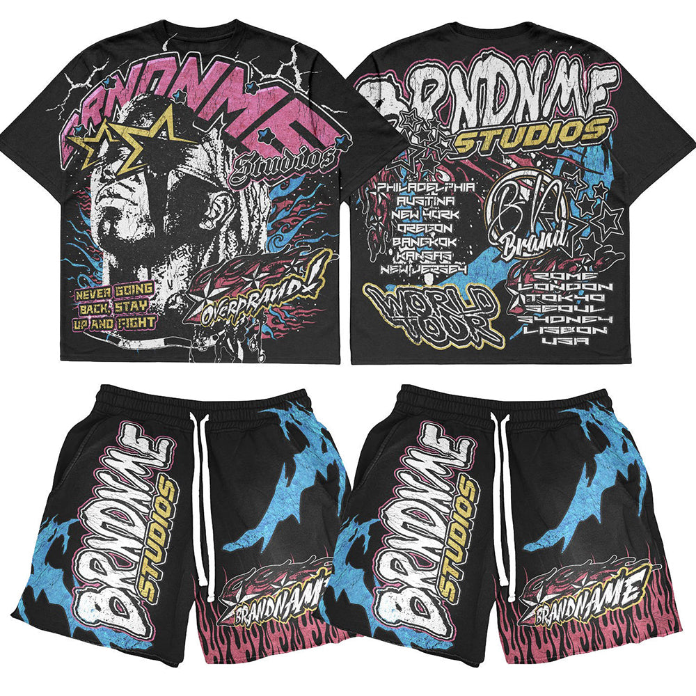 Custom Clothing Manufacturer’s Two-Piece Men’s T-Shirt Set Square Fit Short with Full Print Flower Street Graphic Hot Drill Suit