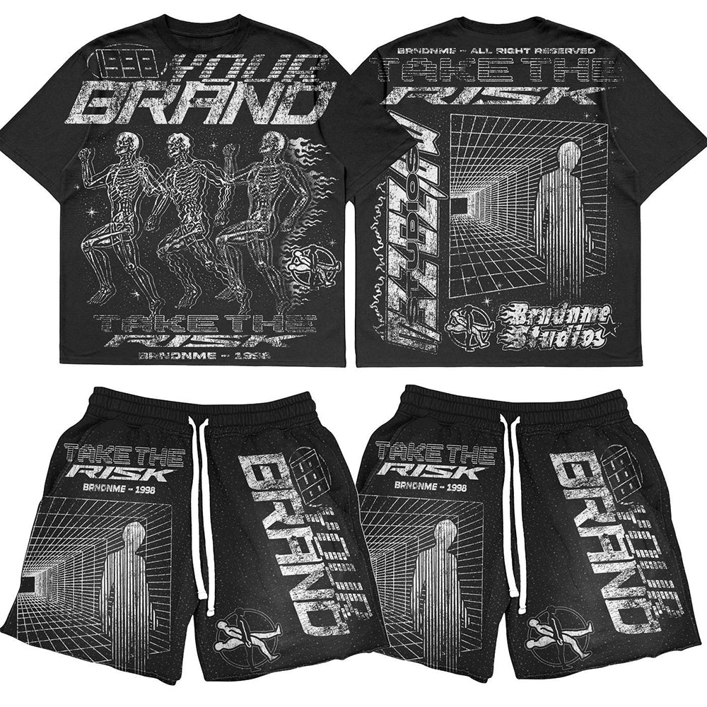 Custom Clothing Manufacturer’s Two-Piece Men’s T-Shirt Set Square Fit Short with Full Print Flower Street Graphic Hot Drill Suit