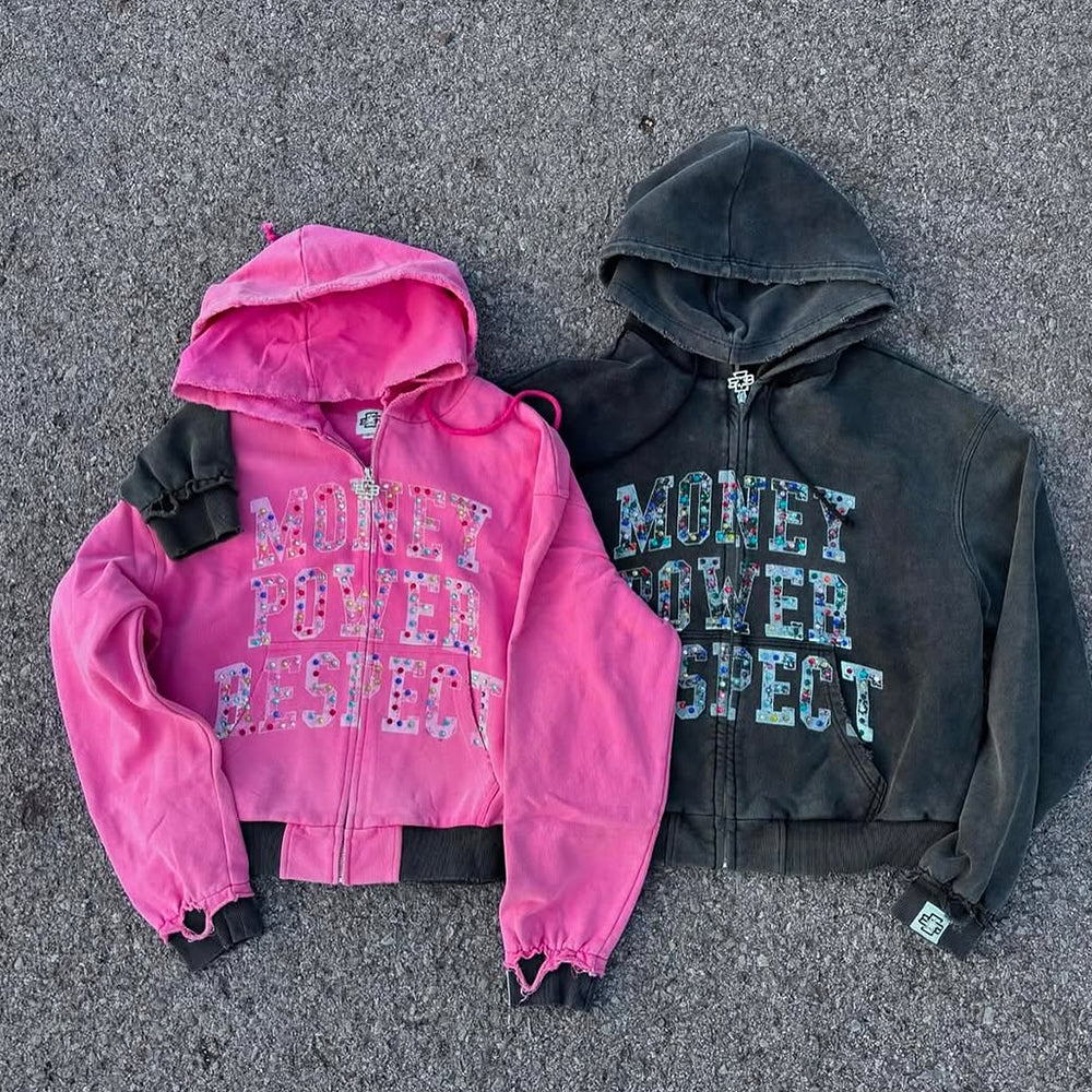 Custom Fashion Regular Fit Hoodie Tracksuits Set Jogging Suits Screen Print with Acid Wash and Rhinestone Men’s Sweatsuit