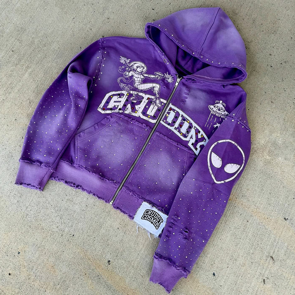 Custom Acid Wash Distressed Rhinestone Streetwear French Terry Zip up Hoodie