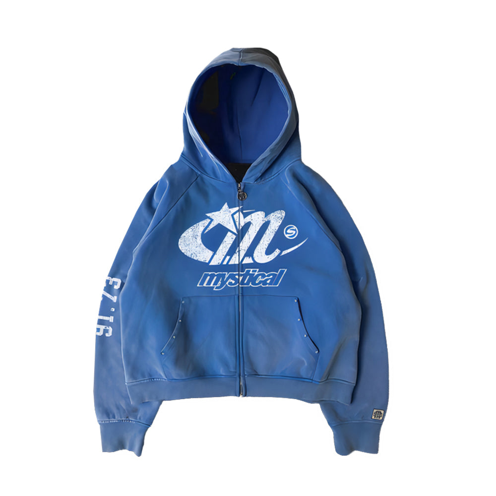 Custom Streetwear Washed Oversized Graphic Designer Rhinestone Acid Wash Zip up Hoodie