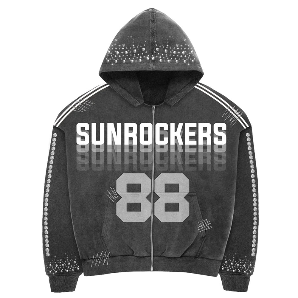 Custom Streetwear Washed Oversized Graphic Designer Rhinestone Acid Wash Zip up Hoodie