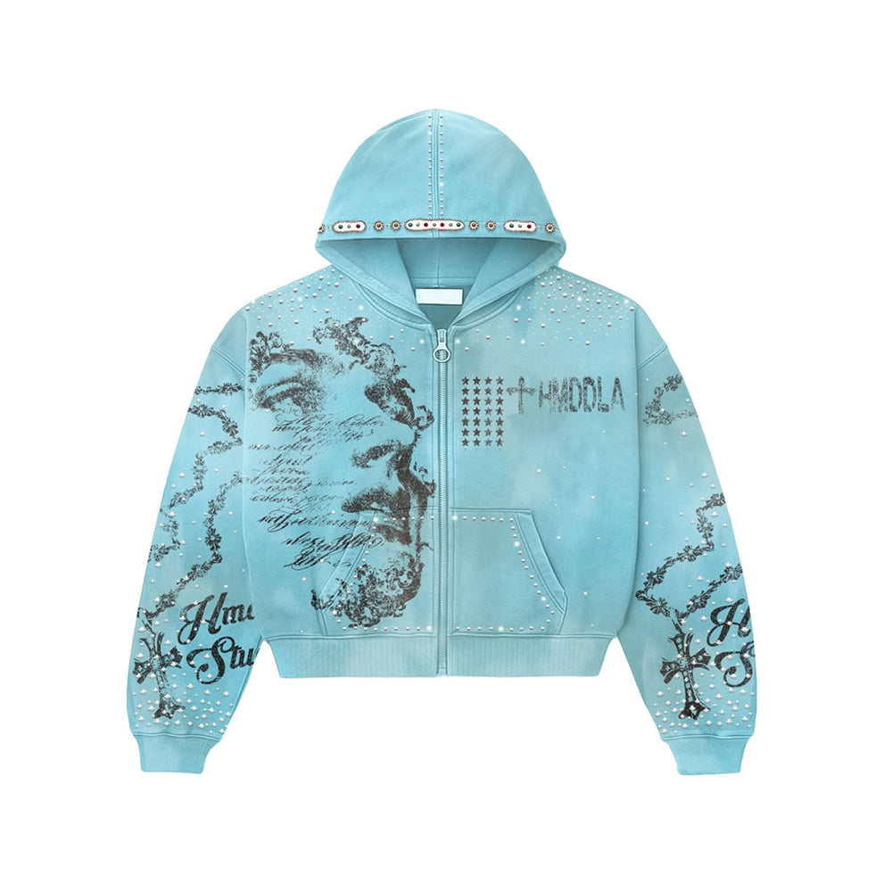 Custom Cotton Boxy Streetwear Black Heavyweight Zip up Cropped Rhinestone Acid Wash Hoodie