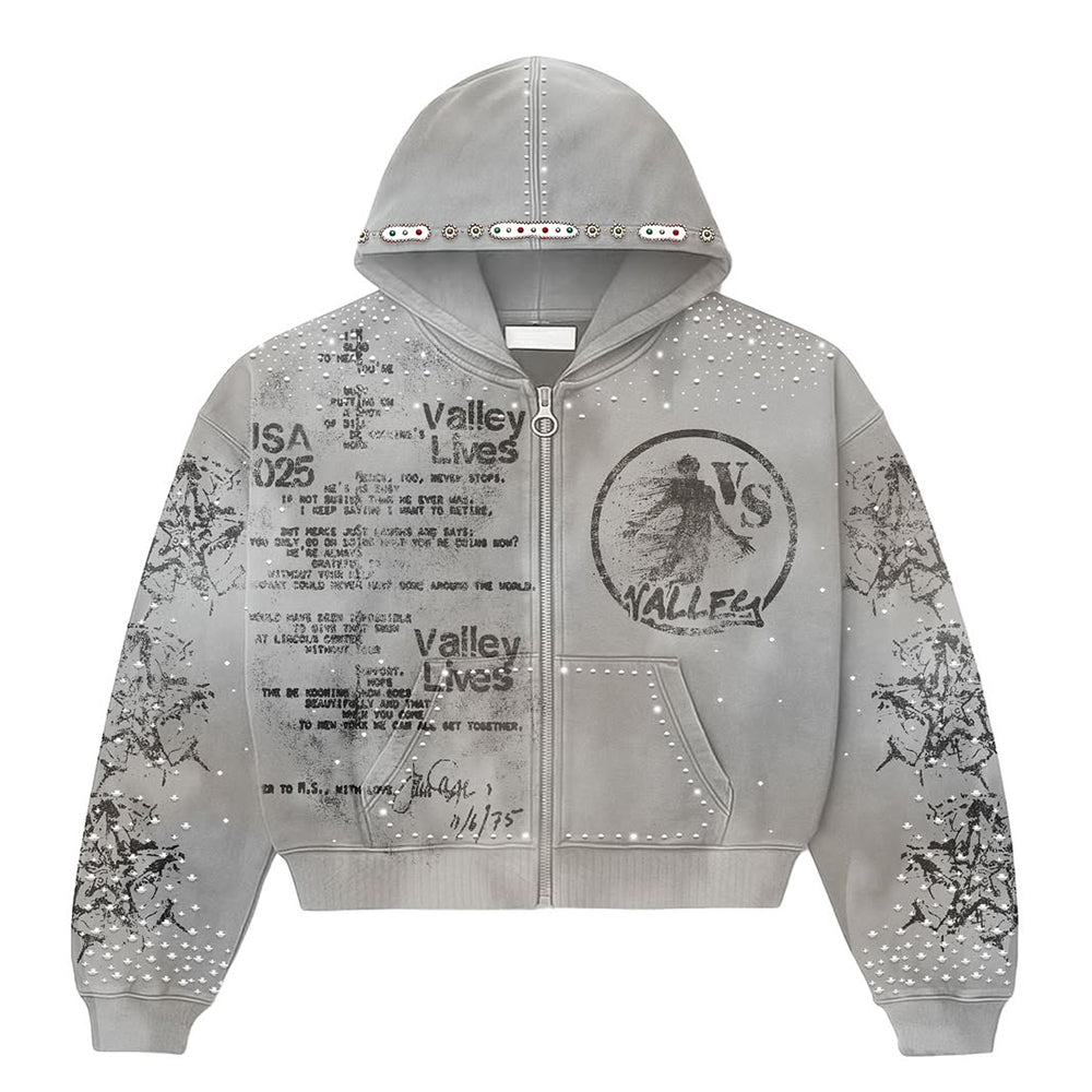 Custom Cotton Boxy Streetwear Black Heavyweight Zip up Cropped Rhinestone Acid Wash Hoodie