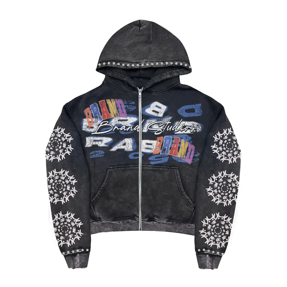 Custom Cotton Boxy Streetwear Black Heavyweight Zip up Cropped Rhinestone Acid Wash Hoodie