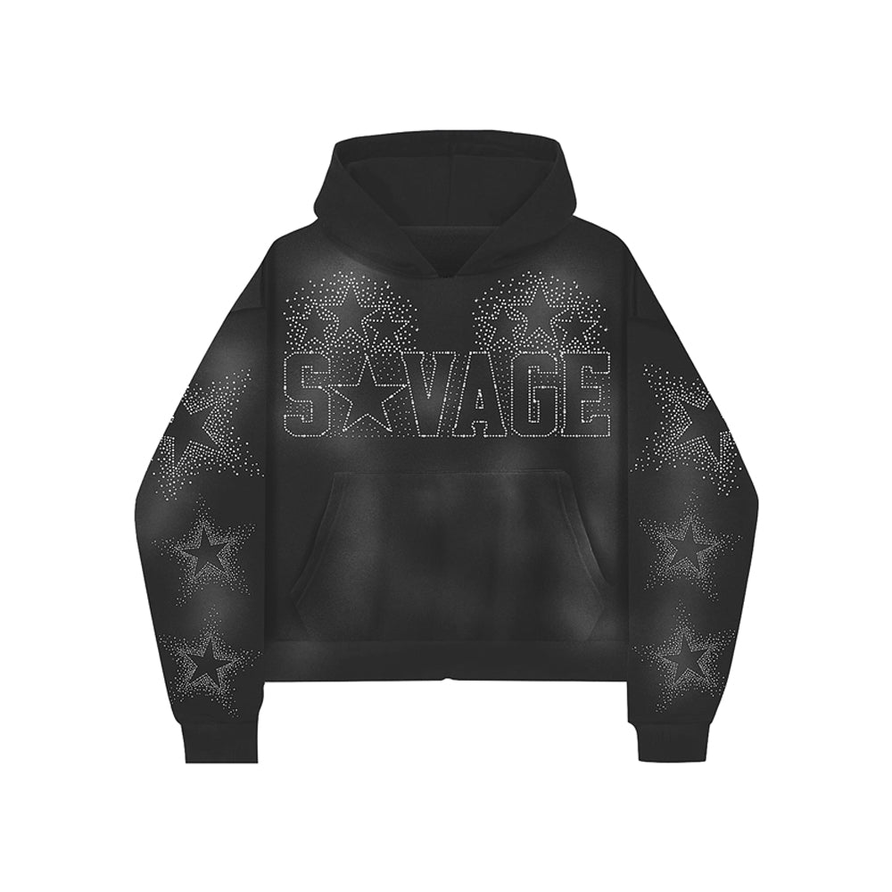 Custom Streetwear Plus Size Men Cotton Acid Wash Oversized Boxy Heavyweight Rhinestone Hoodie