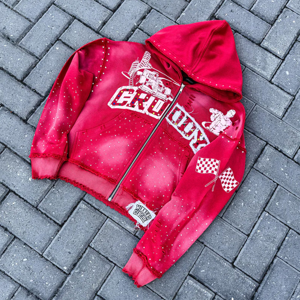 Custom Acid Wash Distressed Rhinestone Streetwear French Terry Zip up Hoodie