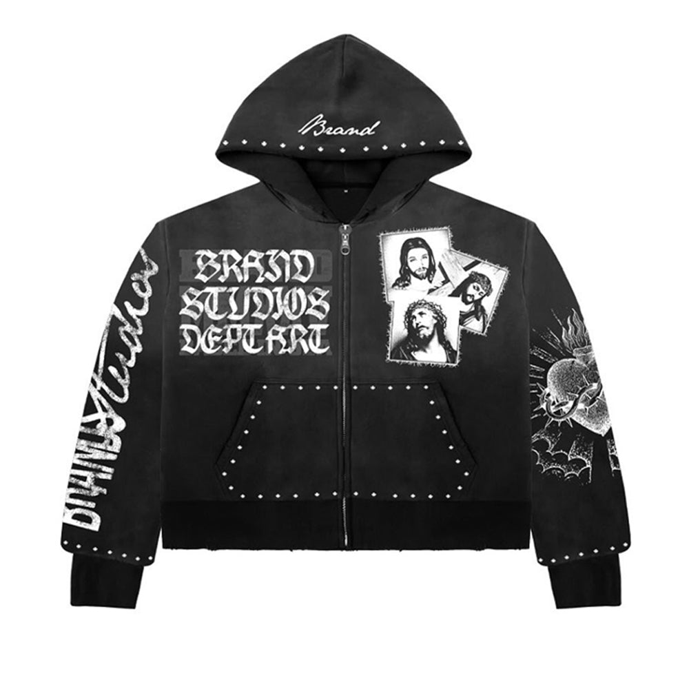 Custom Cotton Boxy Streetwear Black Heavyweight Zip up Cropped Rhinestone Acid Wash Hoodie