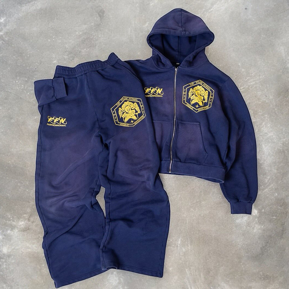 Custom Heavyweight 420g 100% Cotton Hoodie Tracksuit with Screen Print, Distressed Acid Wash Effect & Metal Zipper Hoodie