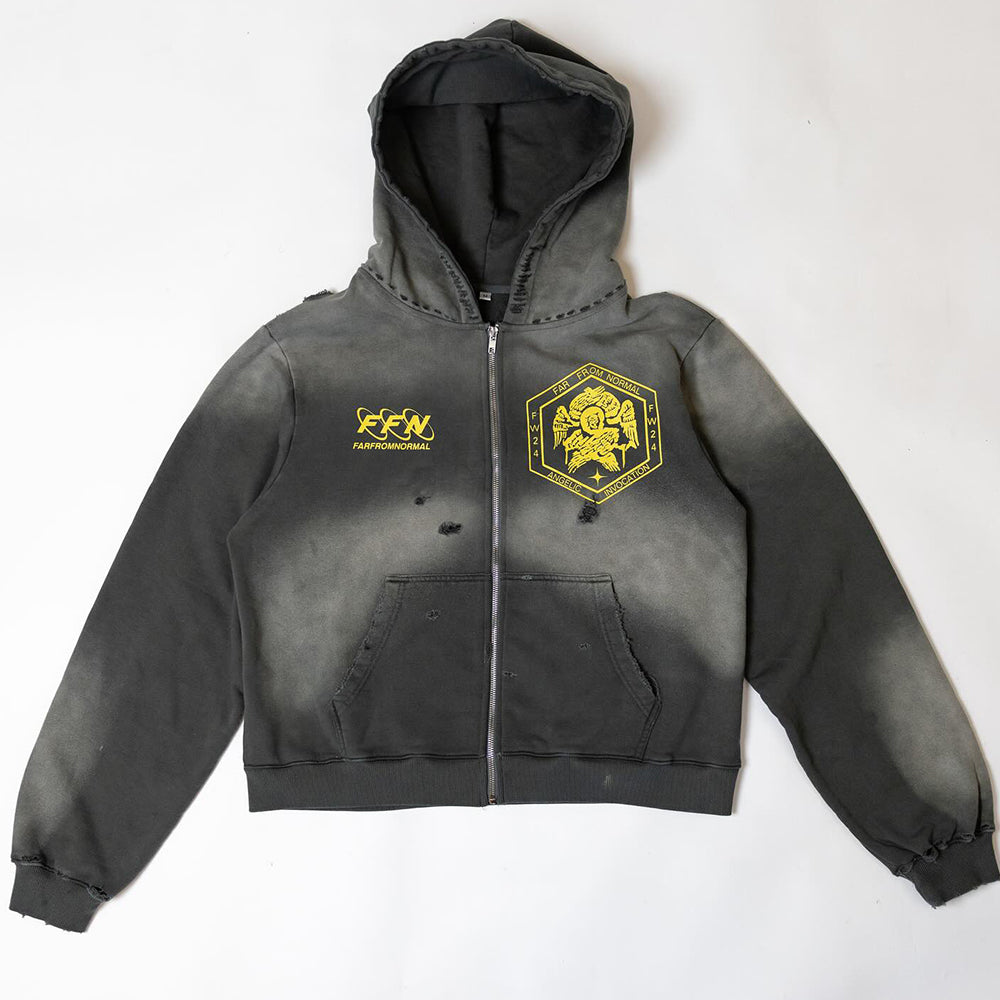 Custom Heavyweight 420g 100% Cotton Hoodie Tracksuit with Screen Print, Distressed Acid Wash Effect & Metal Zipper Hoodie