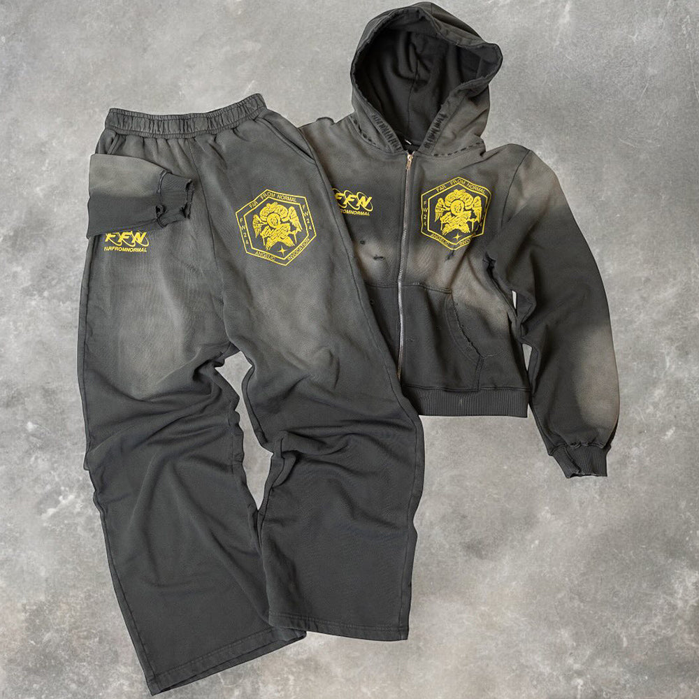 Custom Heavyweight 420g 100% Cotton Hoodie Tracksuit with Screen Print, Distressed Acid Wash Effect & Metal Zipper Hoodie