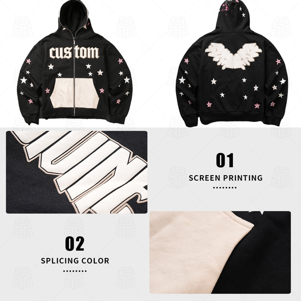 Custom Full Face Zip up Hoodies Men 420gsm Cotton Streetwear Fashion Full Zipper Hoodie Puff Printing Hoodie for Men