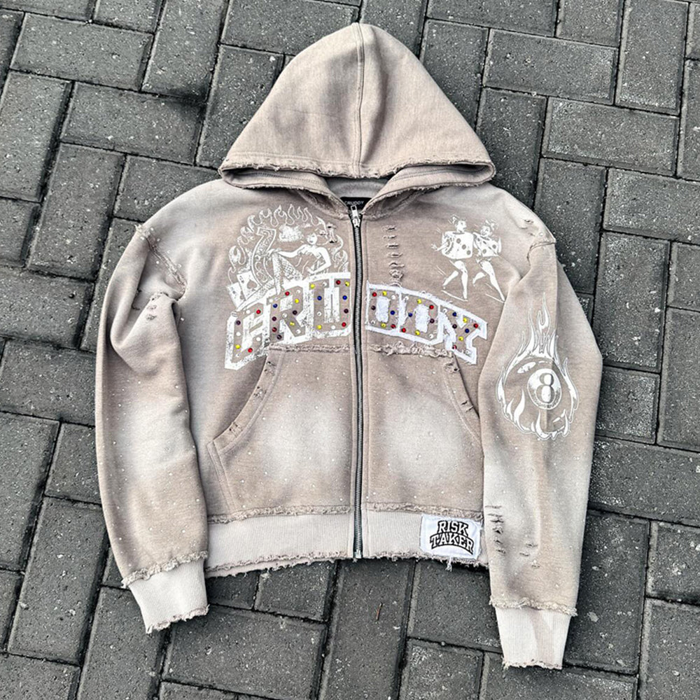 Custom Acid Wash Distressed Rhinestone Streetwear French Terry Zip up Hoodie