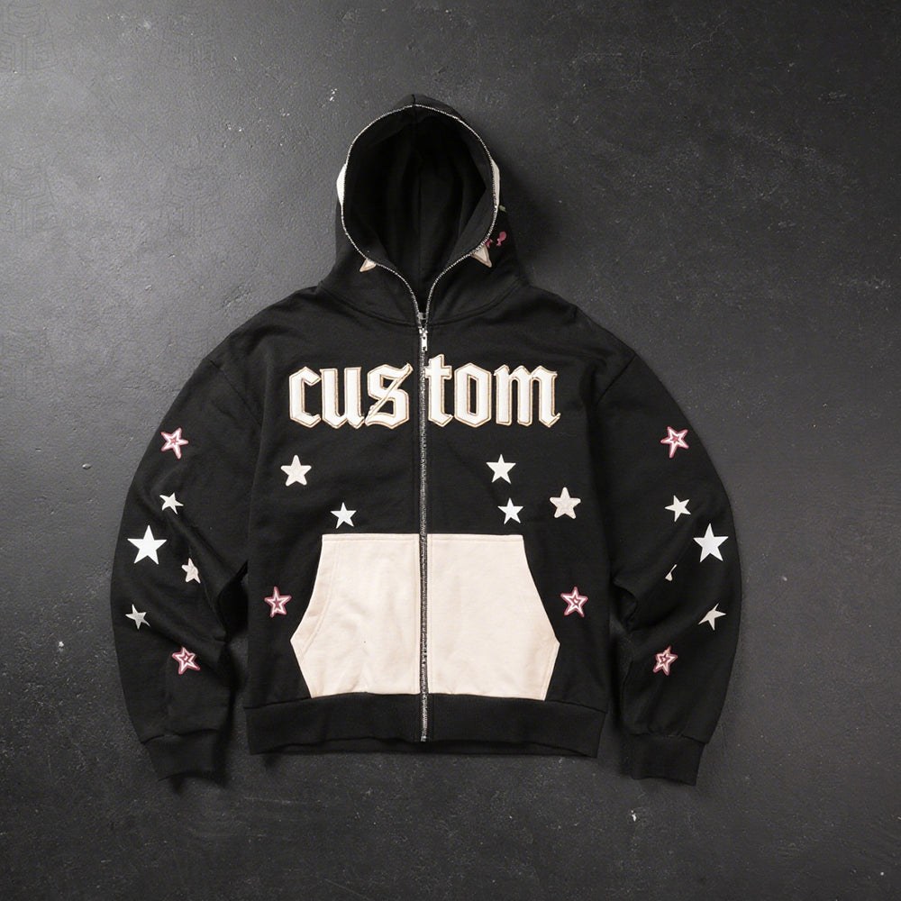 Custom Full Face Zip up Hoodies Men 420gsm Cotton Streetwear Fashion Full Zipper Hoodie Puff Printing Hoodie for Men