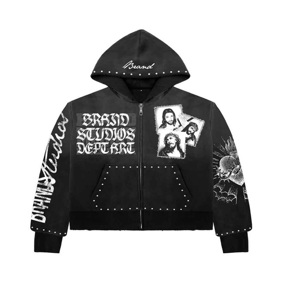 Custom Streetwear Plus Size Men Cotton Acid Wash Oversized Boxy Heavyweight Rhinestone Hoodie