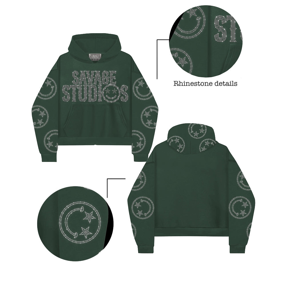 Custom Streetwear Plus Size Men Cotton Acid Wash Oversized Boxy Heavyweight Rhinestone Hoodie