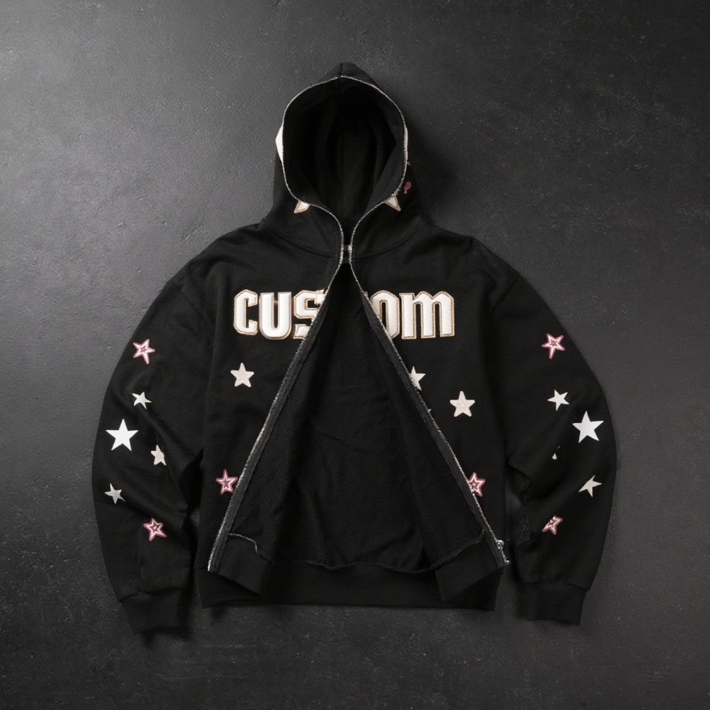 Custom Full Face Zip up Hoodies Men 420gsm Cotton Streetwear Fashion Full Zipper Hoodie Puff Printing Hoodie for Men