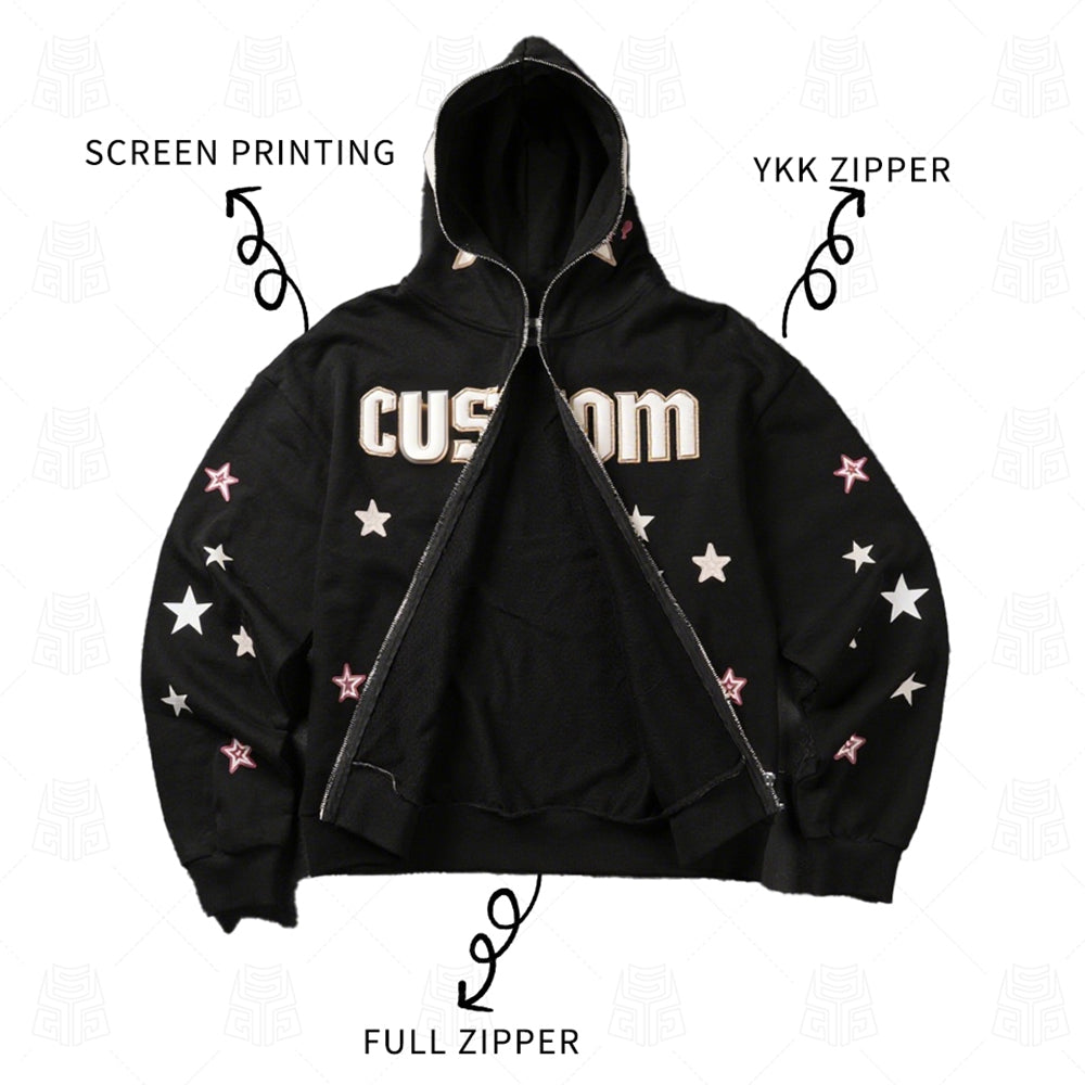 Custom Full Face Zip up Hoodies Men 420gsm Cotton Streetwear Fashion Full Zipper Hoodie Puff Printing Hoodie for Men