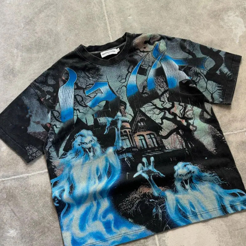 50MOQ Baggy All Over Graphic Crewneck Drop Shoulder Oversized Heavyweight Cotton Stone Washed Long Sleeve Graphic Print t Shirt