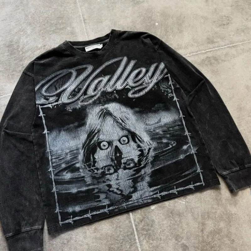 50MOQ Baggy All Over Graphic Crewneck Drop Shoulder Oversized Heavyweight Cotton Stone Washed Long Sleeve Graphic Print t Shirt